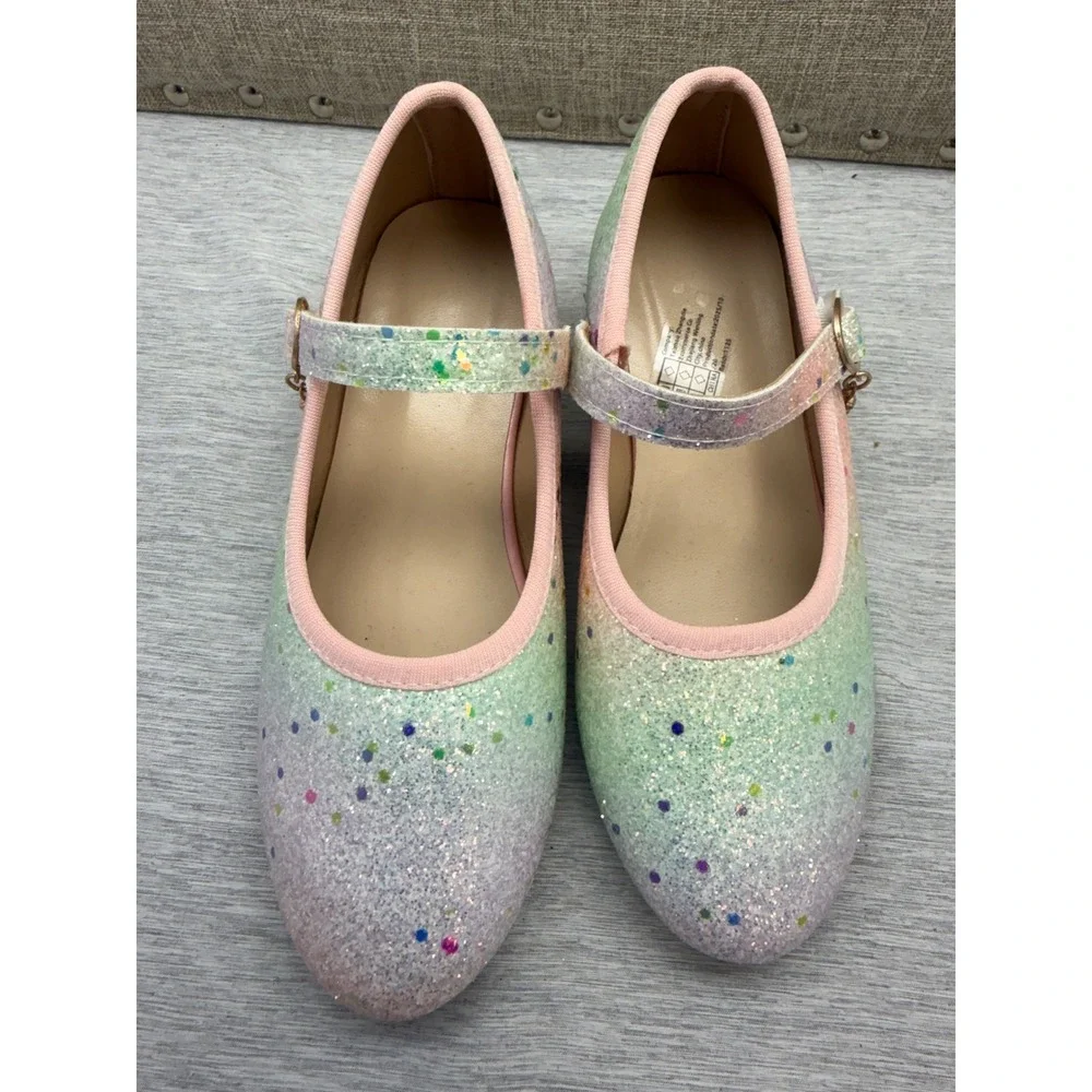 Girls Pastel Ombre Glitter Mary Jane Dress Shoes Block Heel Size 32 EU‎